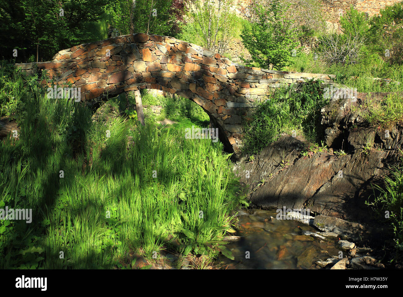 Stone Bridge above patones village, a community of Madrid. Spain Stock Photo