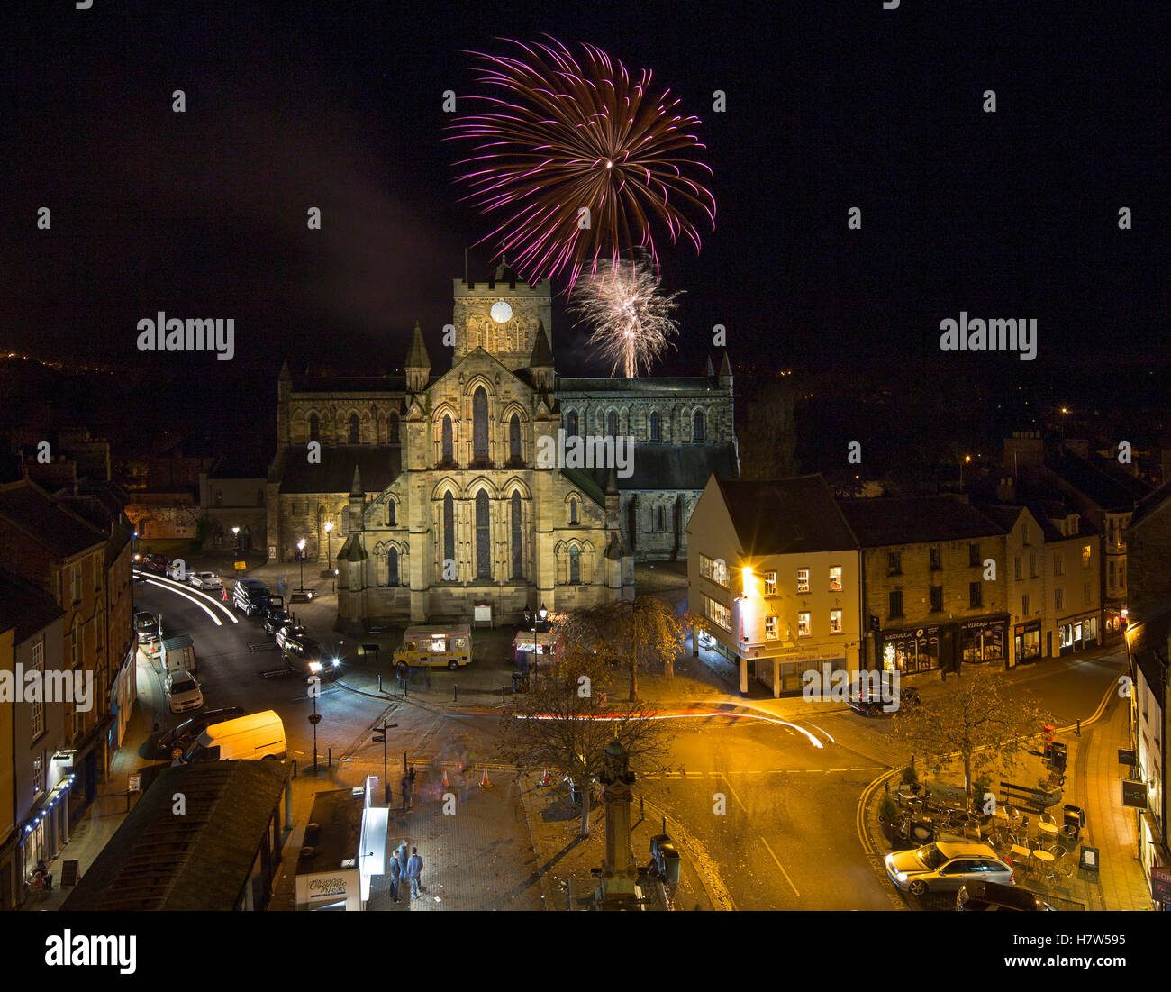 Fireworks above Hexham Abbey in Hexham, Northumberland on Bonfire night