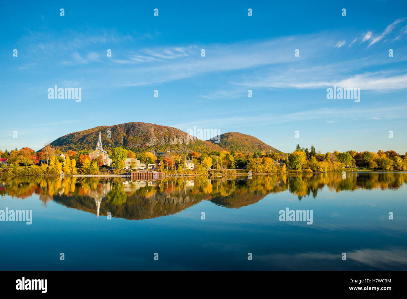 Mont Saint-Hilaire in Fall from Richelieu river banks in Beloeil. Stock Photo