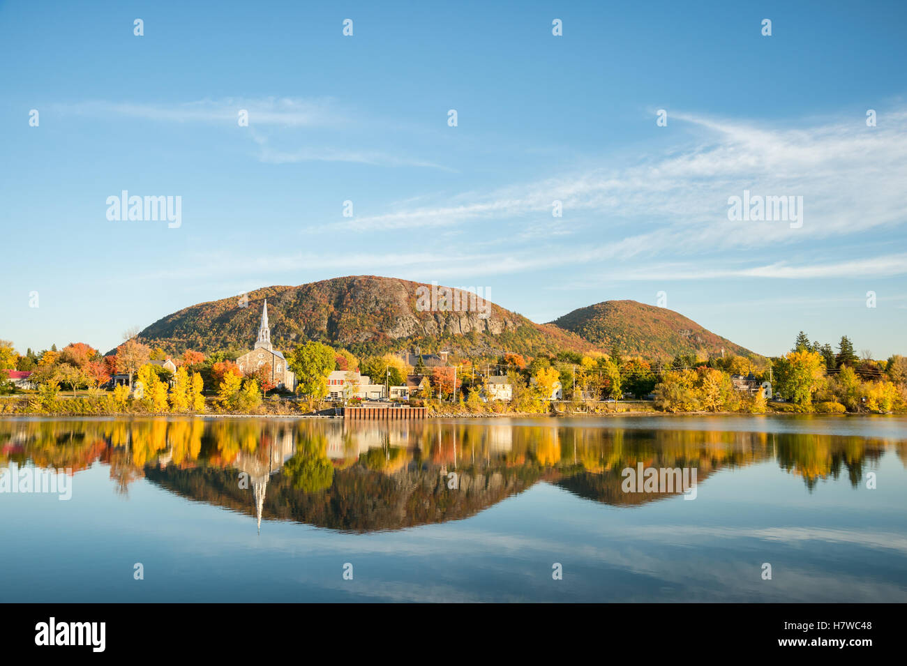 Mont SaintHilaire in Fall from Richelieu river banks in Beloeil Stock