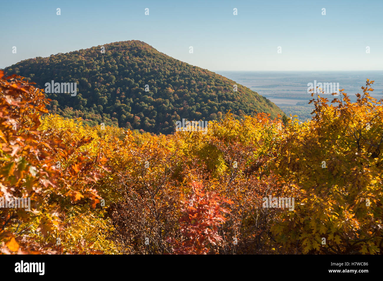 Mount St-Hilaire peak 'Pain de Sucre' (Sugar Loaf) from Dieppe cliff, in Quebec, Canada Stock Photo