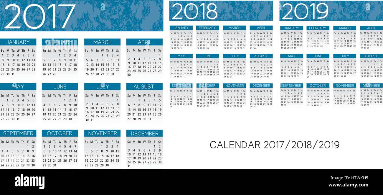 textured blue English Calendar 2017-2018-2019 vector Stock Vector