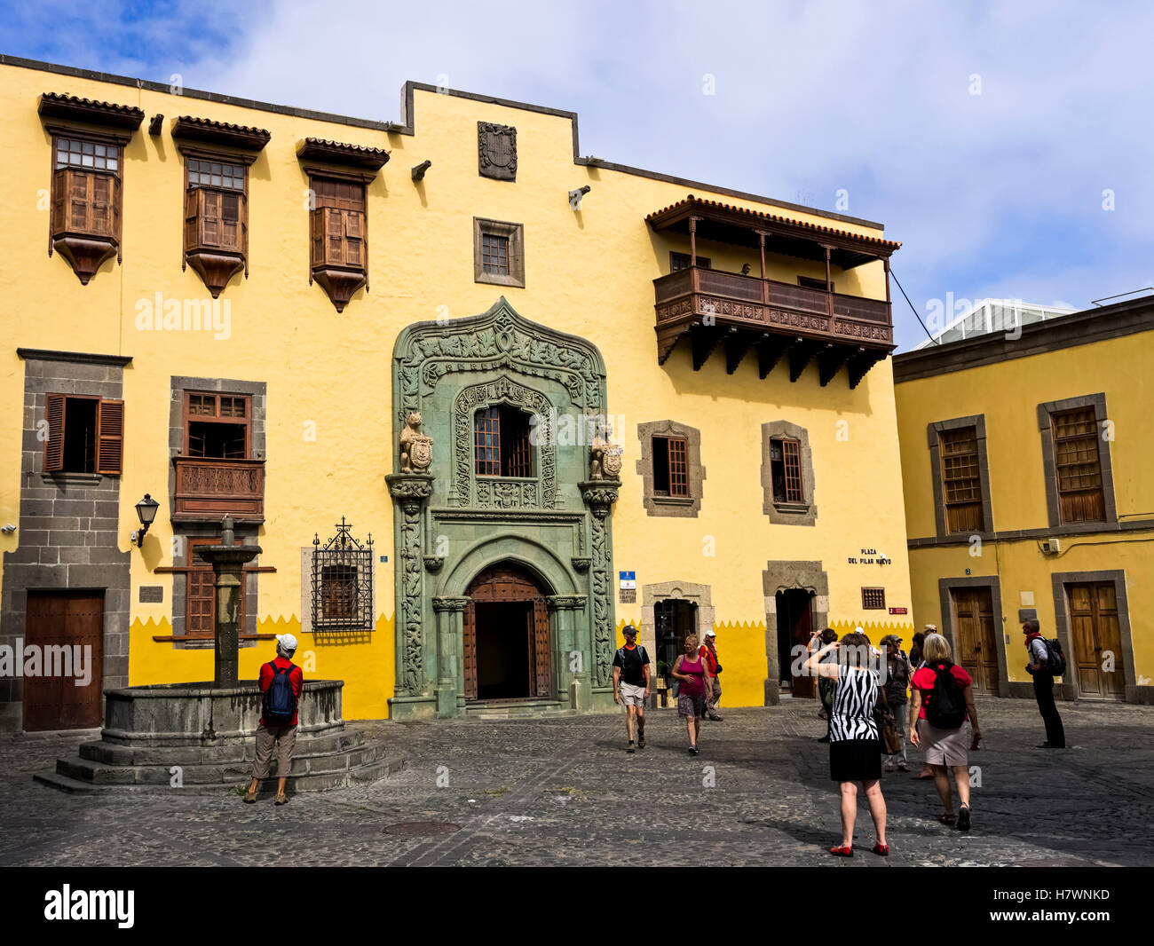 Casa de Colon, tourists wander around the fifteenth century home, now museum, of Christopher Columbus; Las Palmas Gran Canaria, Canary Islands, Spain Stock Photo
