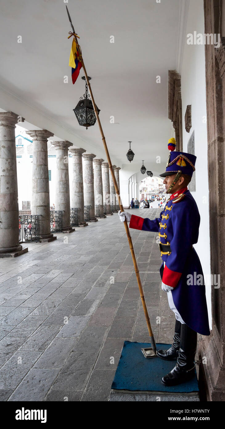 Guards in ceremonial dress at colonnaded entrance to Presidential palace Stock Photo