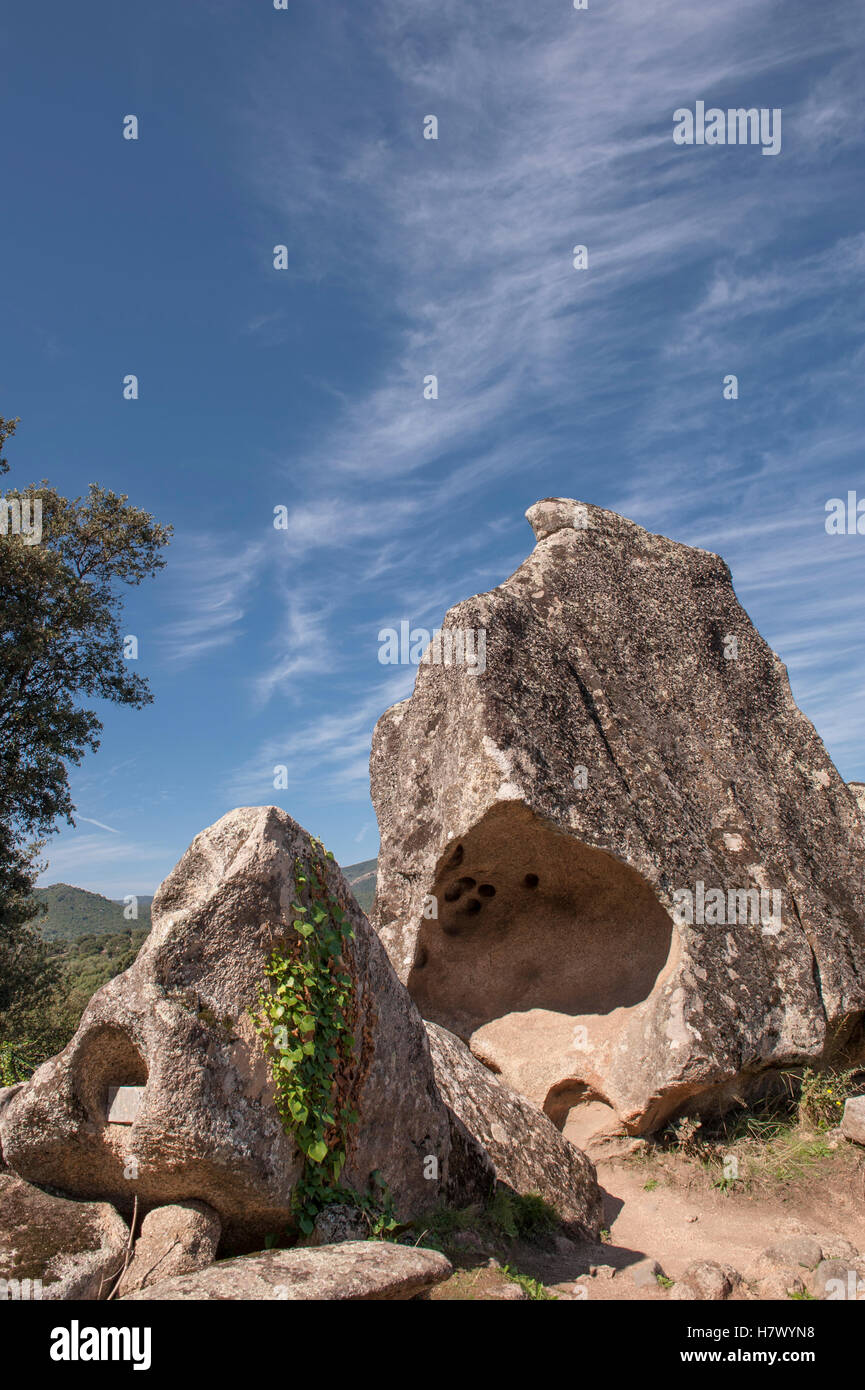 Tafoni at Filotosa, the prehistoric capital of Corsica, featuring dolmen, menhirs, and Torrean relicts Stock Photo