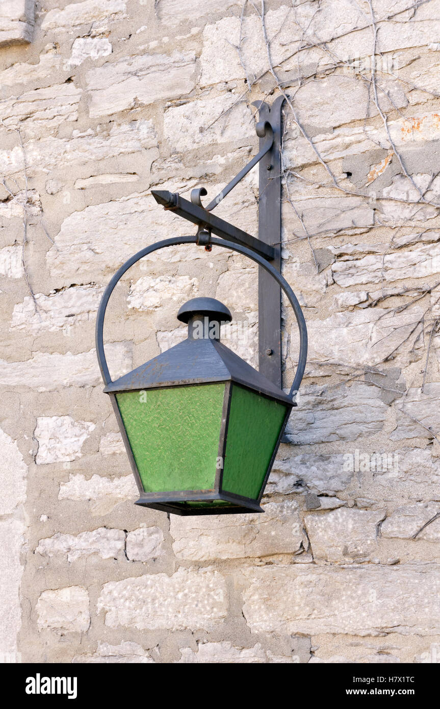 Green lantern on a stone wall in Old Montreal, Quebec, Canada Stock Photo -  Alamy