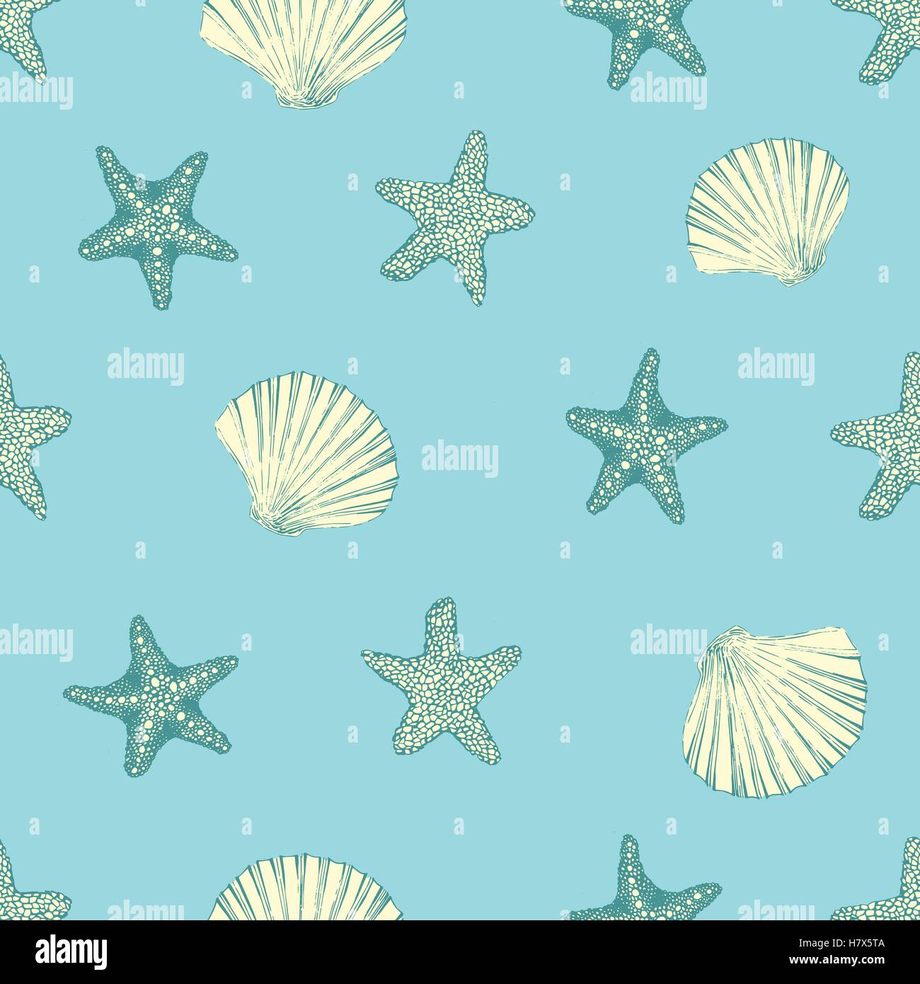 Marine seamless background from hand drawn sea shells and stars Stock ...