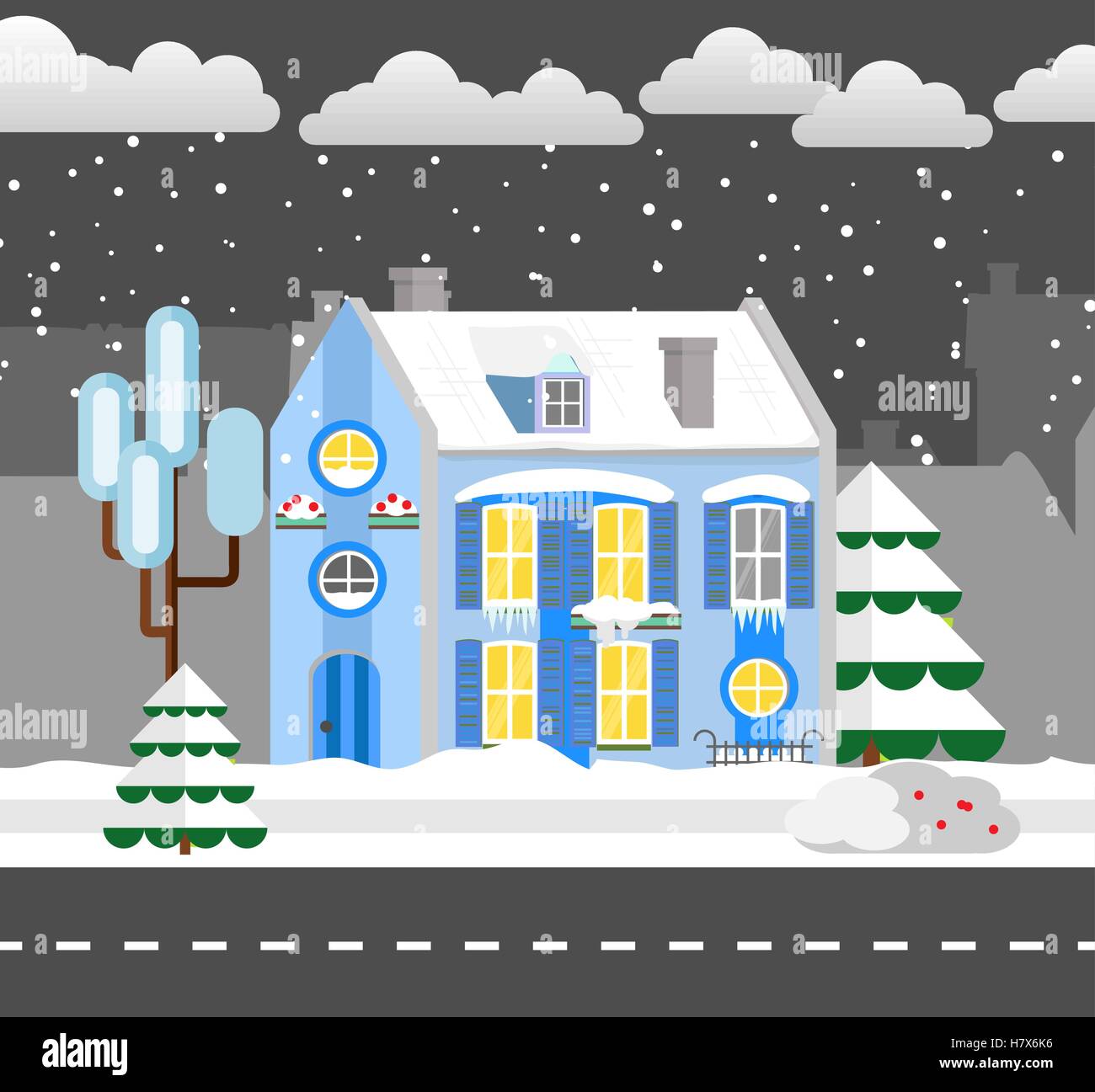 Flat style winter house. Cottage. Vector illustration. Snowfall ...