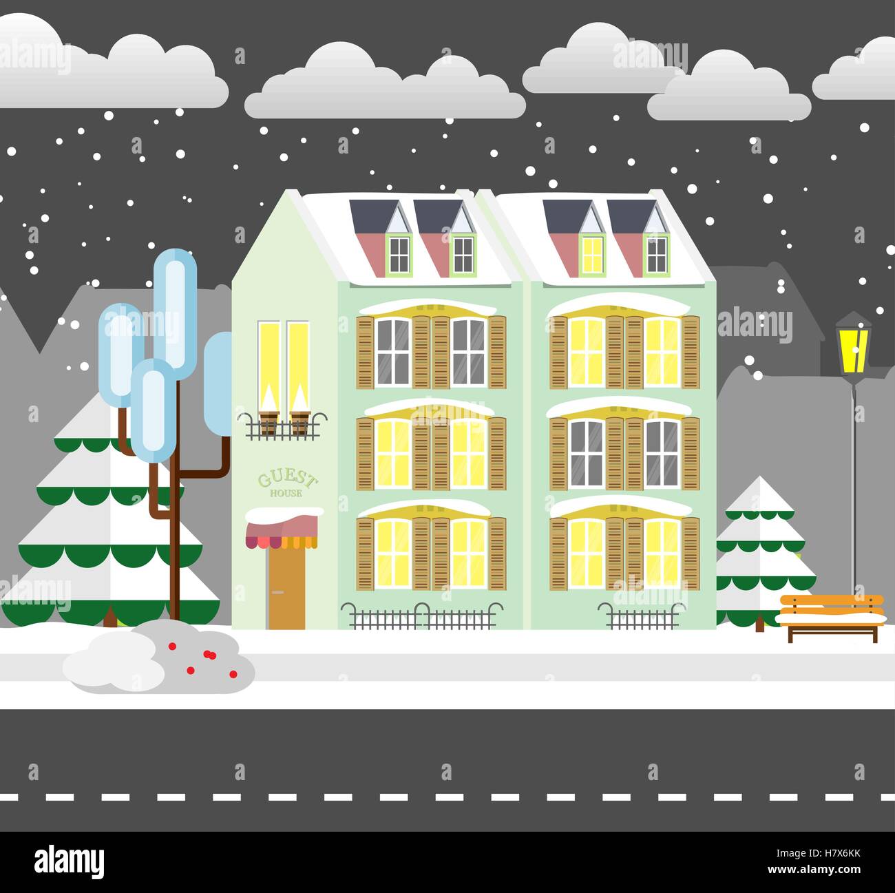 Flat style winter house. Cottage. Vector illustration. Snowfall ...