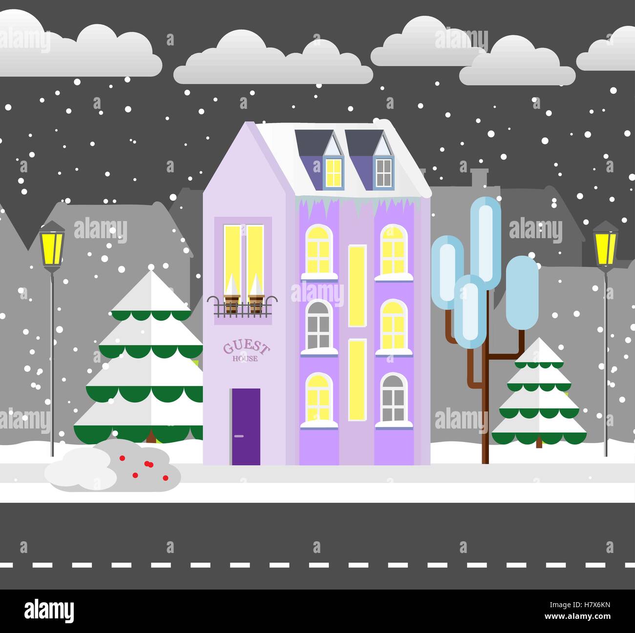 Flat style winter house. Cottage. Vector illustration. Snowfall ...