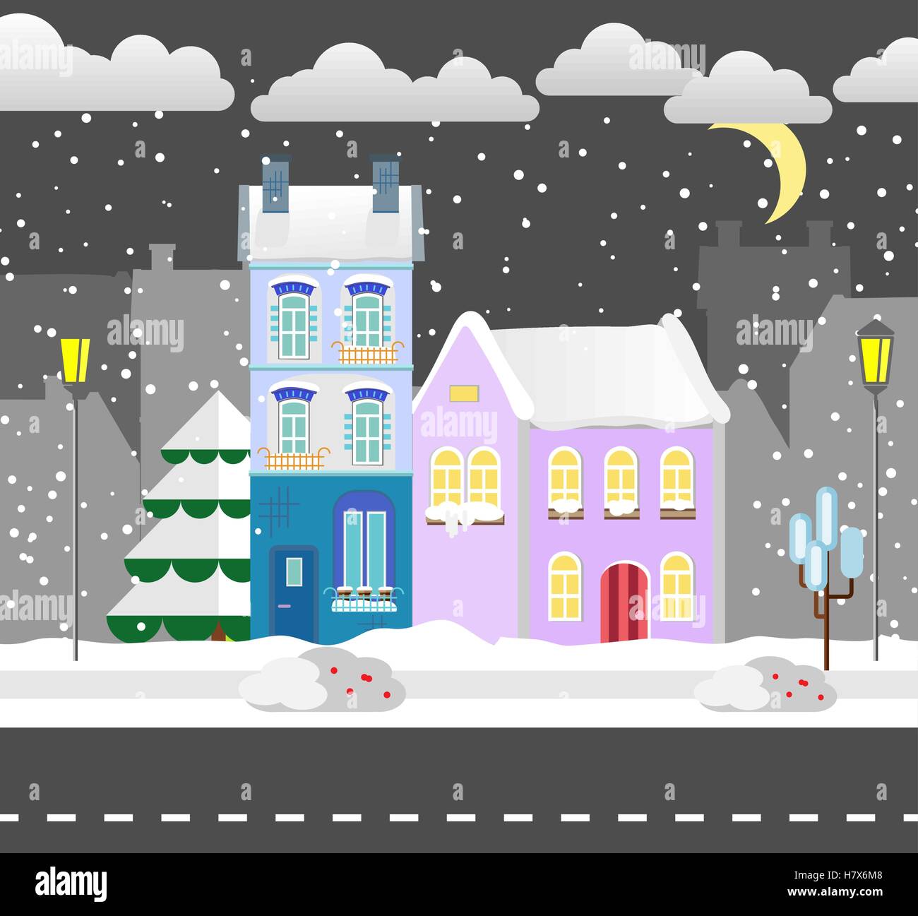 Flat style winter house. Cottage. Vector illustration. Snowfall ...
