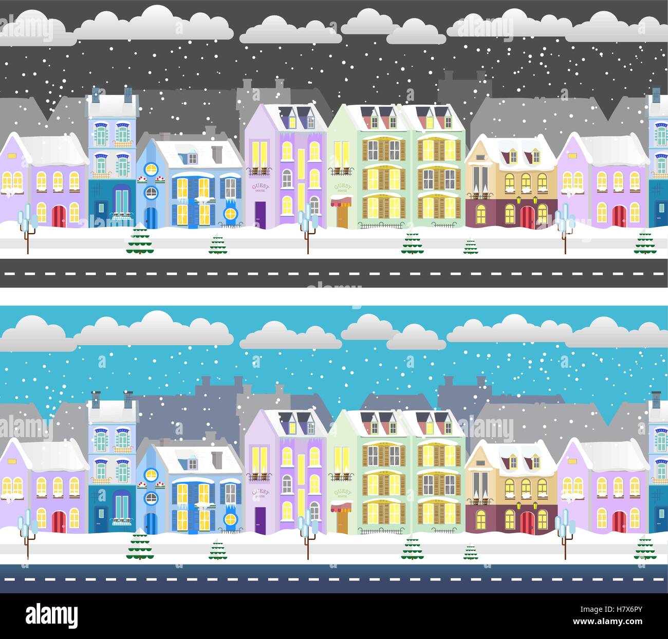 Winter flat design urban landscape illustration. Day and night city ...