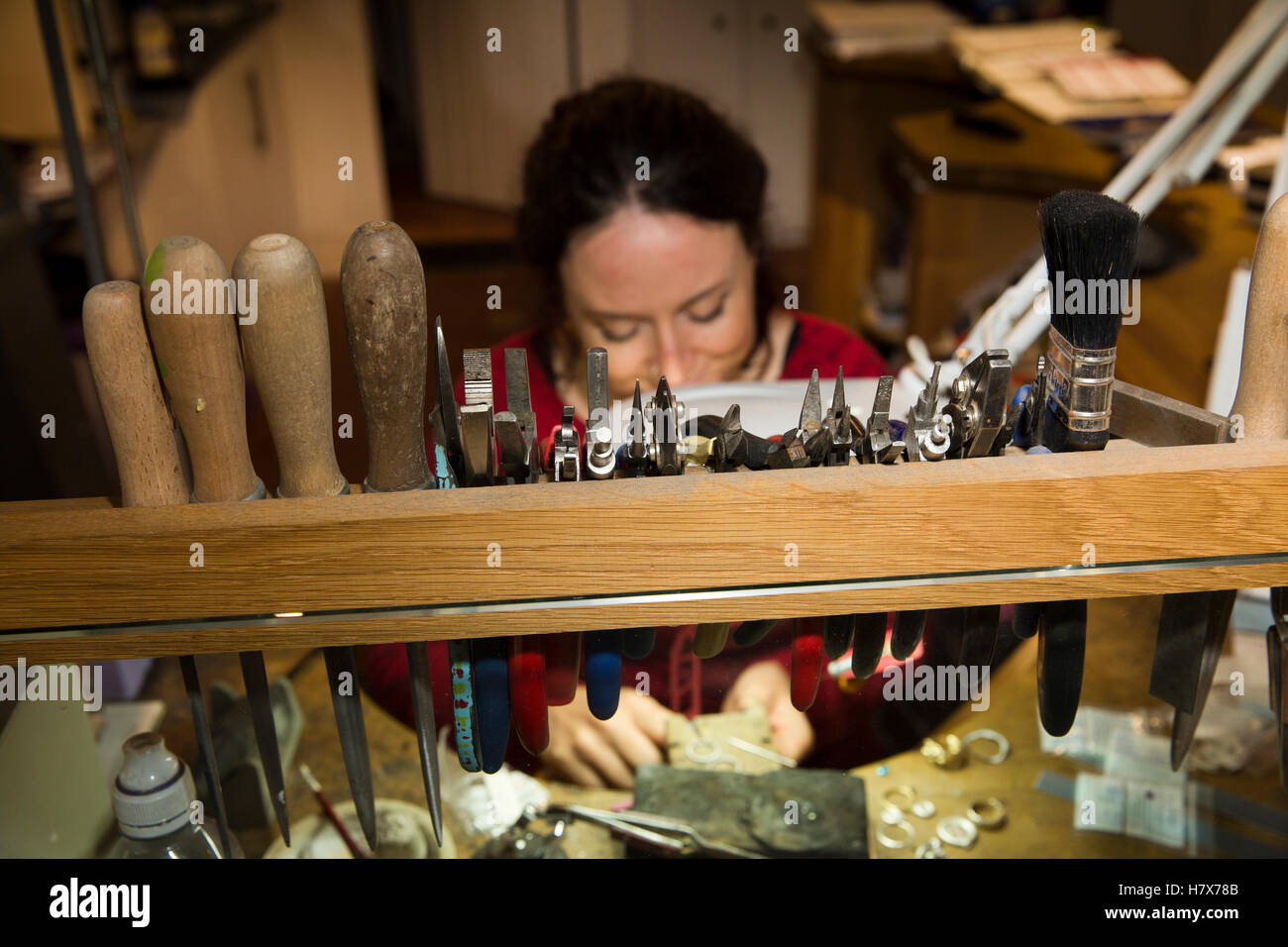 UK, England, Buckinghamshire, West Wycombe, High Street, tools of artisan silversmith Justine Holliday to make jewellery Stock Photo