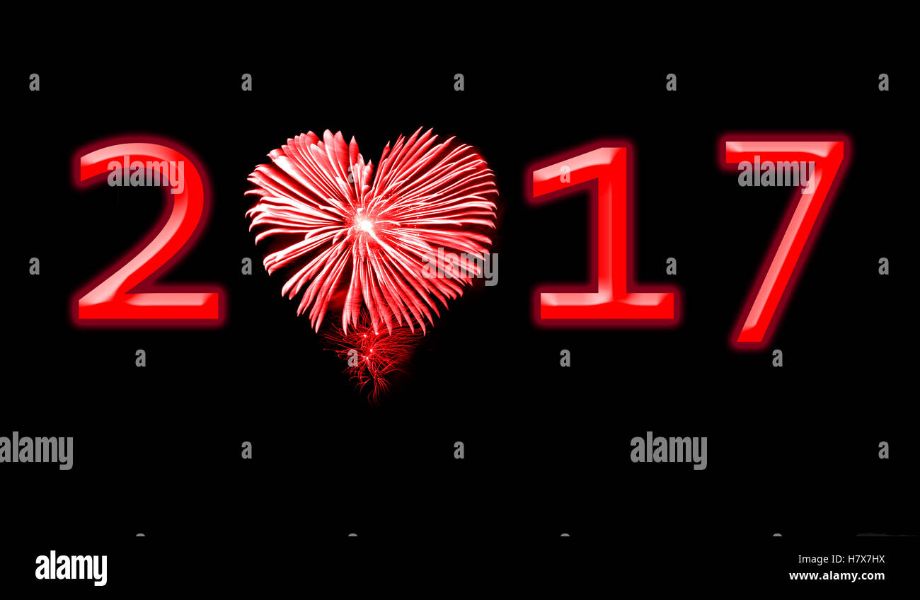 2017, red fireworks in the shape of a heart Stock Photo