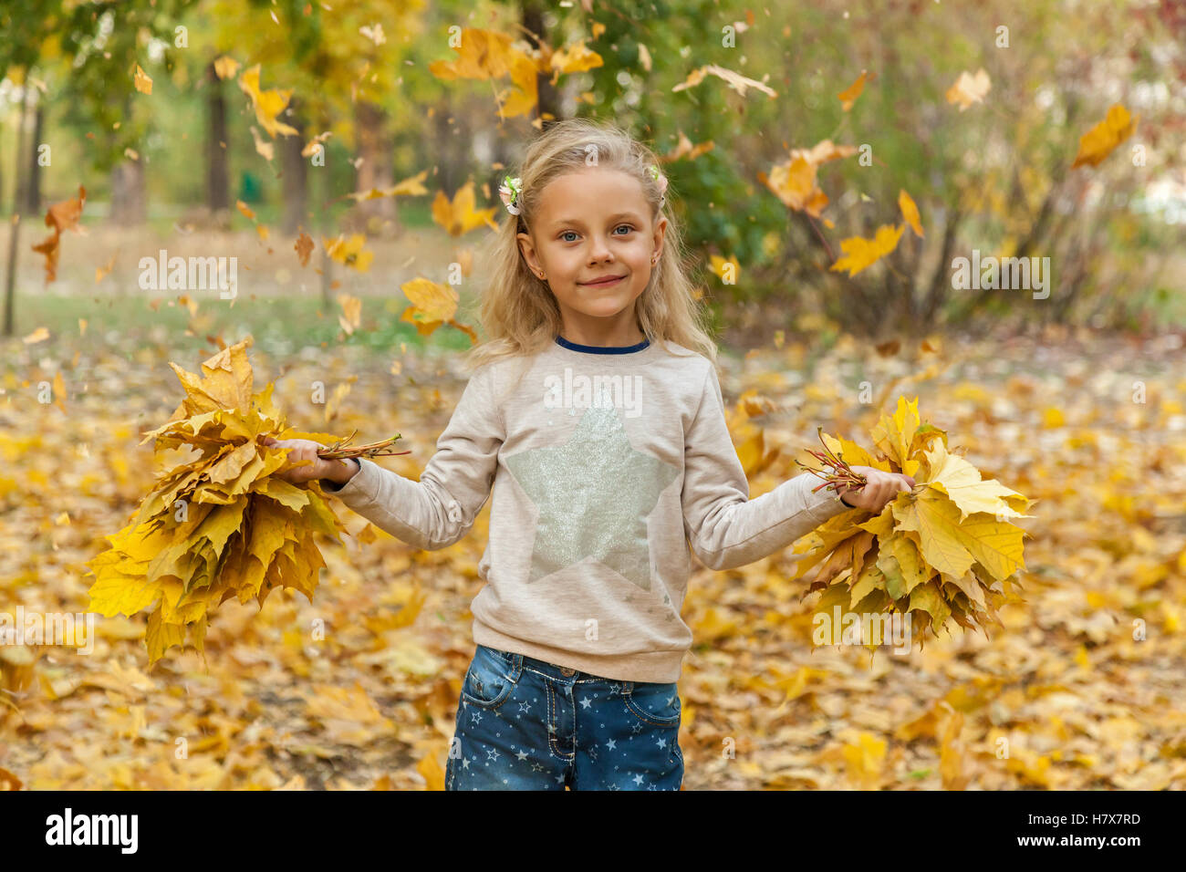 Little girl with a bouquet of autumn leaves. Little girl in the park ...