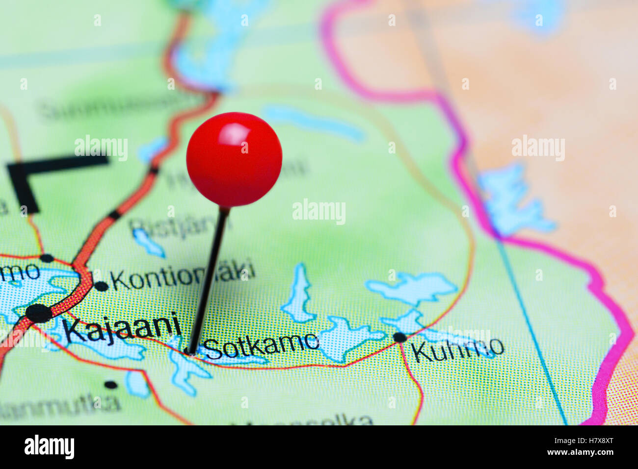 Sotkamo pinned on a map of Finland Stock Photo