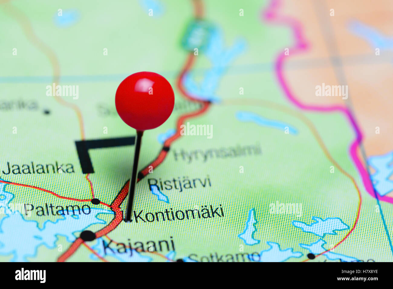Kontiomaki pinned on a map of Finland Stock Photo
