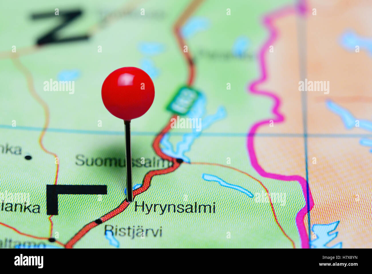 Hyrynsalmi pinned on a map of Finland Stock Photo