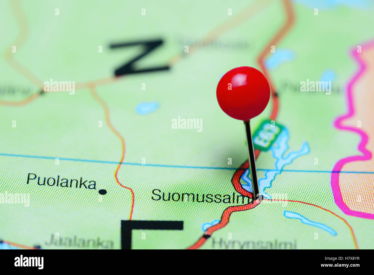 Suomussalmi pinned on a map of Finland Stock Photo