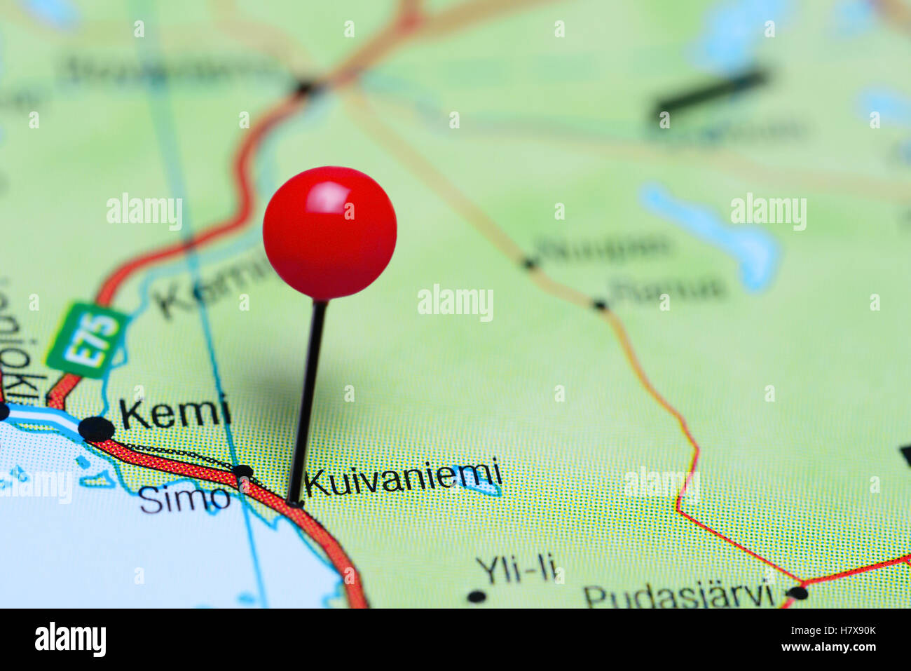 Kuivaniemi pinned on a map of Finland Stock Photo
