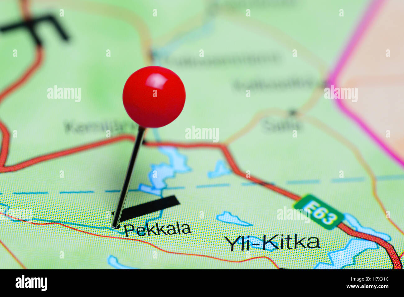 Pekkala pinned on a map of Finland Stock Photo