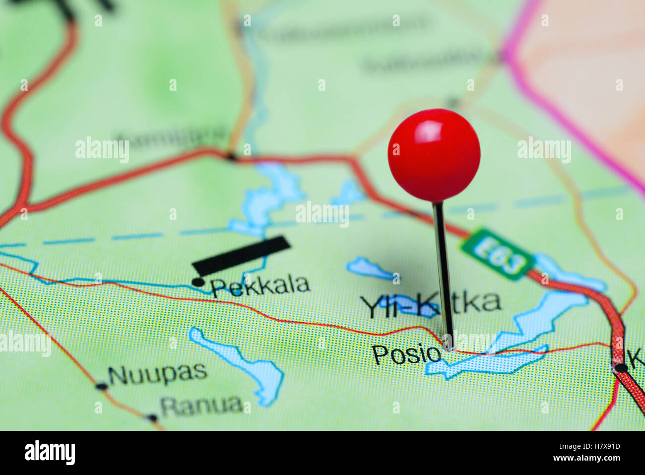 Posio pinned on a map of Finland Stock Photo