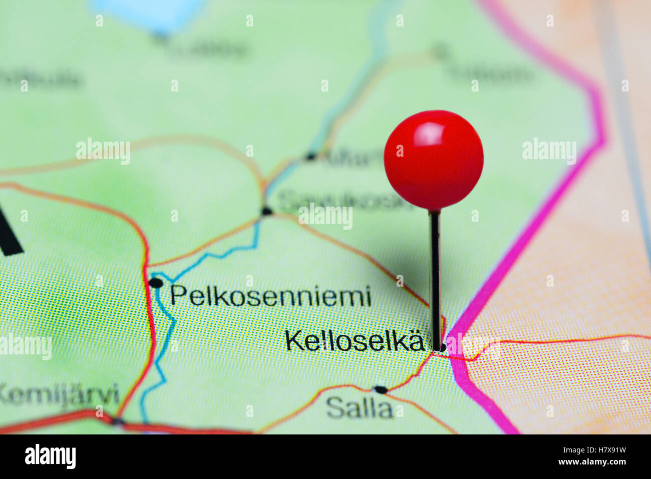 Kelloselka pinned on a map of Finland Stock Photo