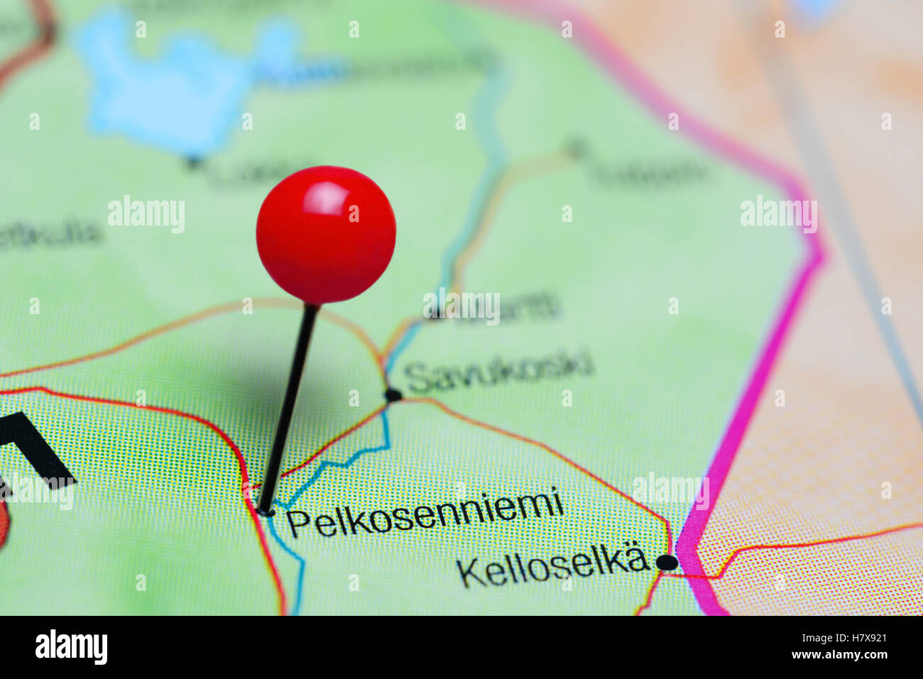 Pelkosenniemi pinned on a map of Finland Stock Photo