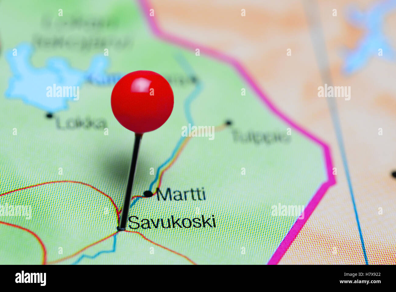 Savukoski pinned on a map of Finland Stock Photo