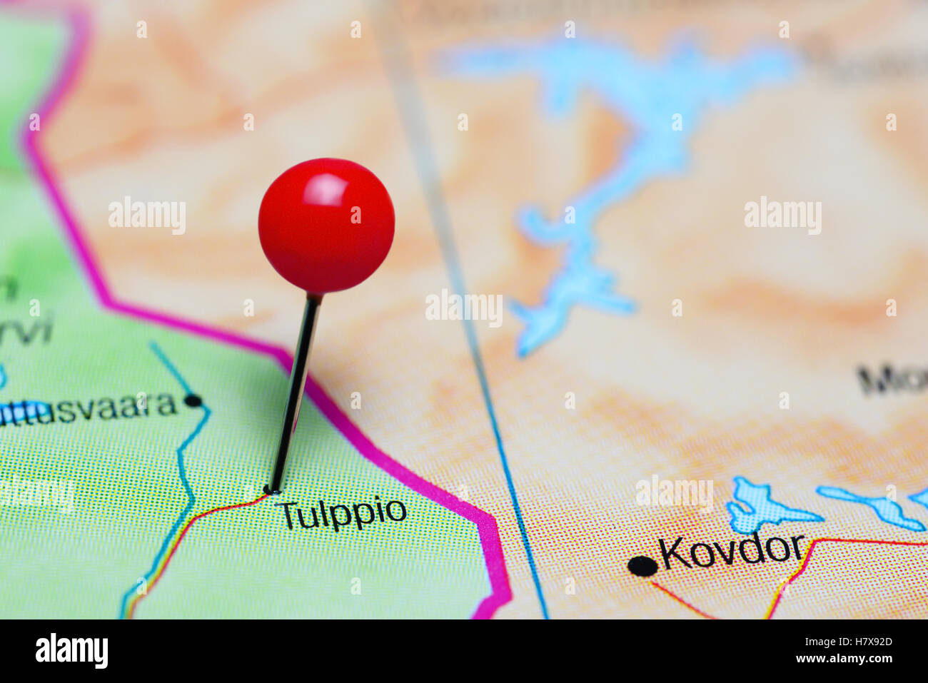 Tulppio pinned on a map of Finland Stock Photo