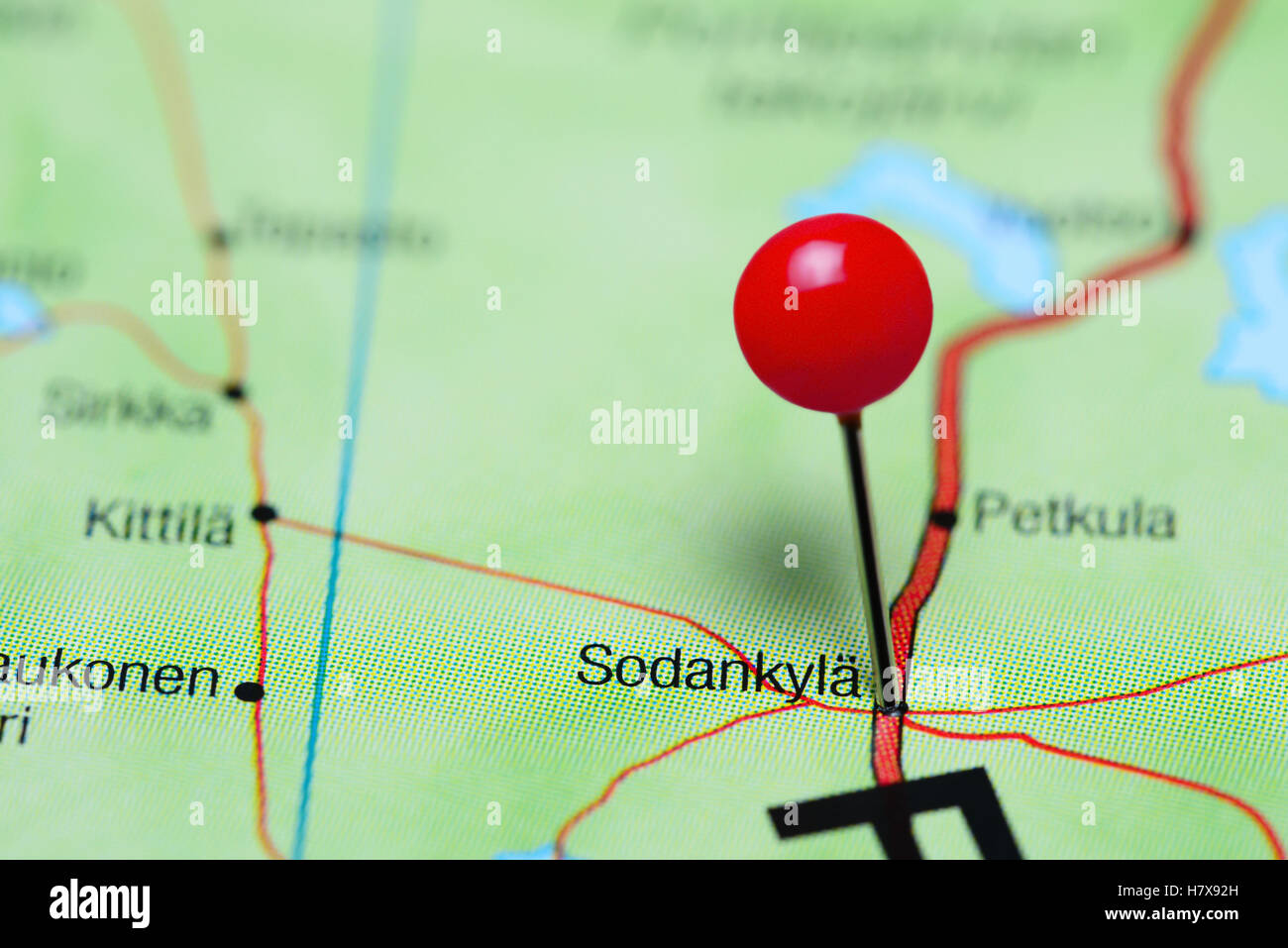 Sodankyla pinned on a map of Finland Stock Photo