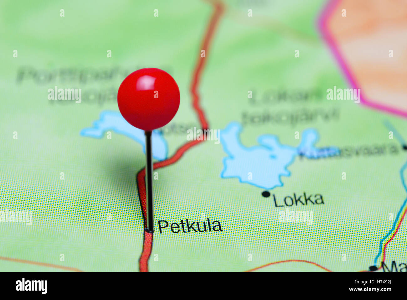 Petkula pinned on a map of Finland Stock Photo