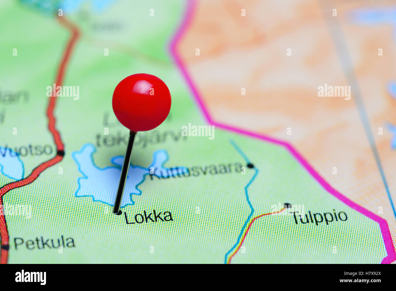 Lokka pinned on a map of Finland Stock Photo