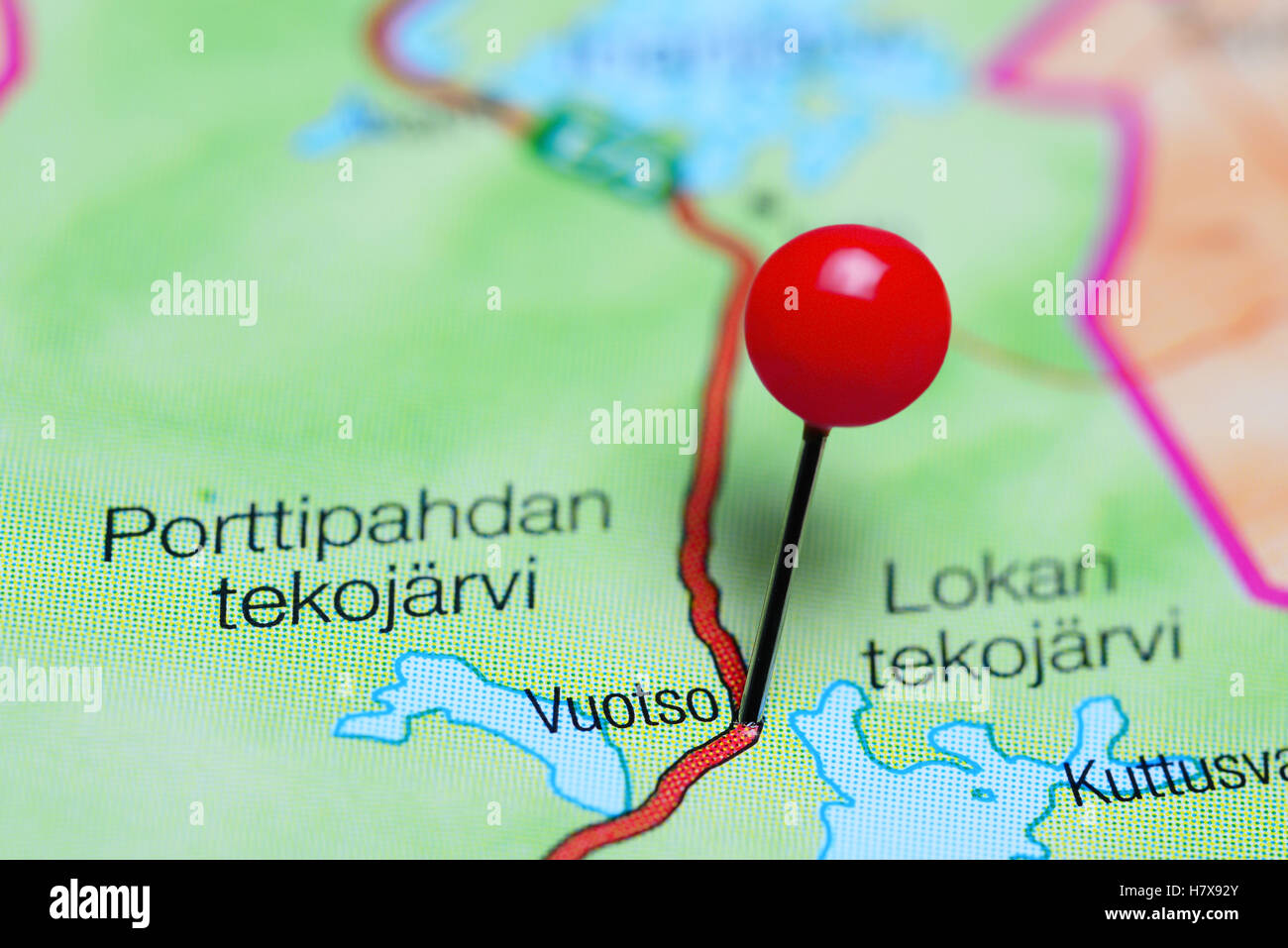Vuotso pinned on a map of Finland Stock Photo