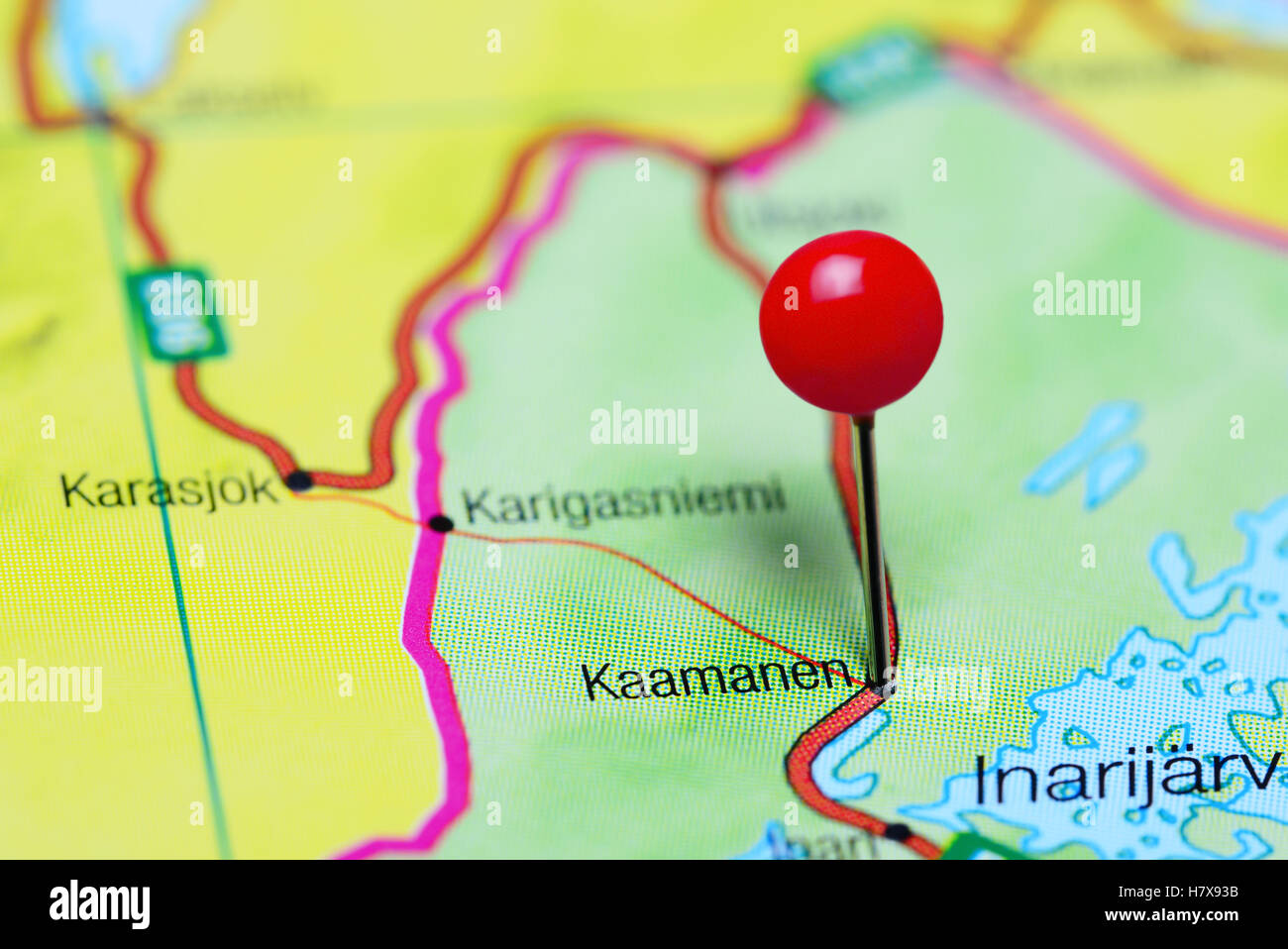 Kaamanen pinned on a map of Finland Stock Photo