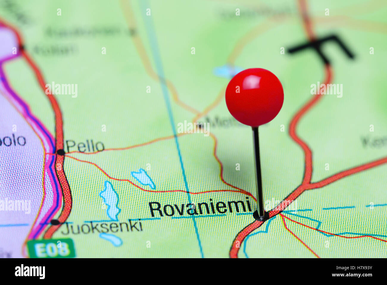 Rovaniemi pinned on a map of Finland Stock Photo