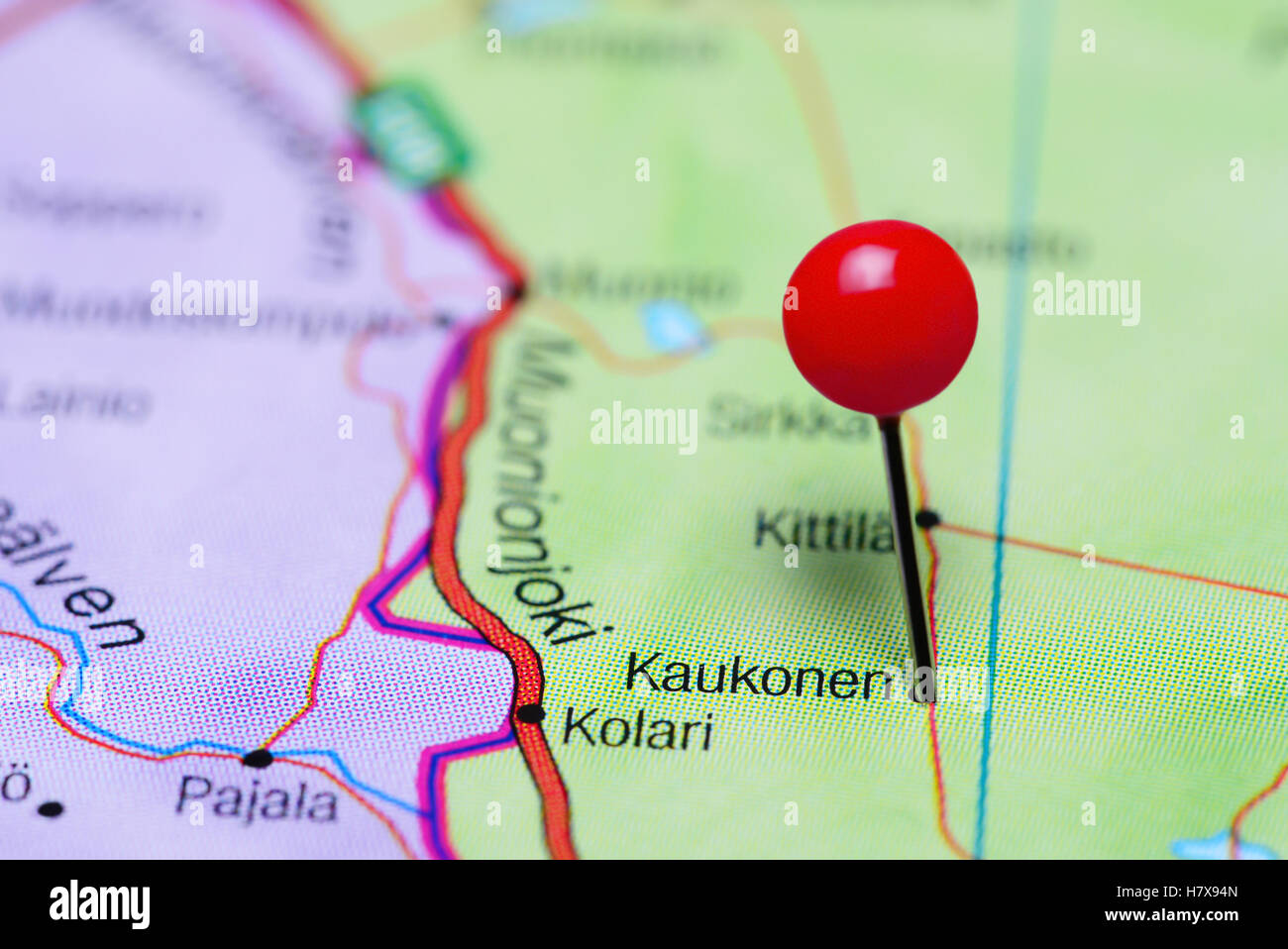 Kaukonen pinned on a map of Finland Stock Photo