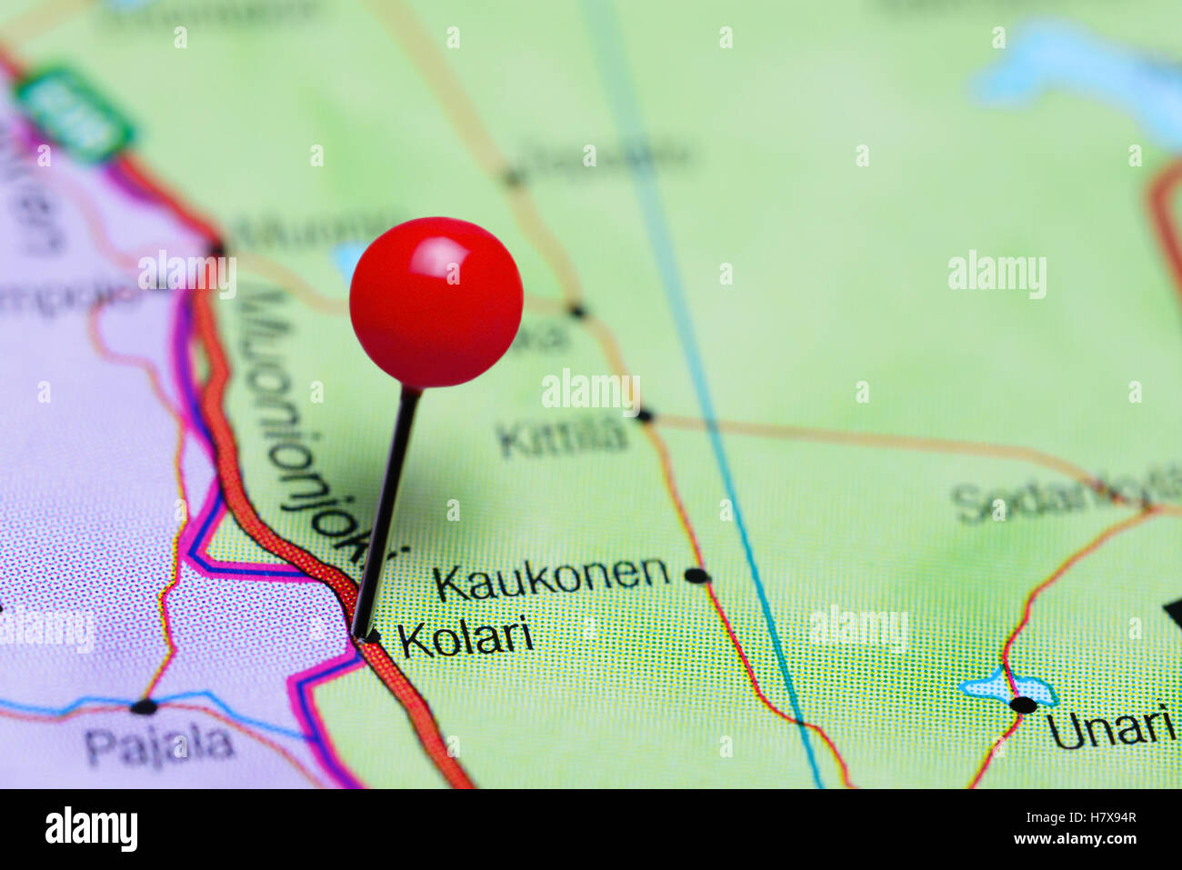 Kolari pinned on a map of Finland Stock Photo