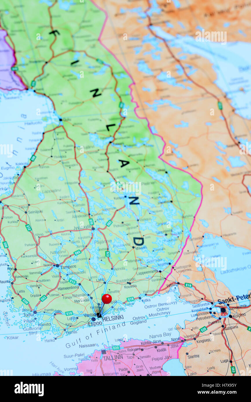 Helsinki pinned on a map of Finland Stock Photo