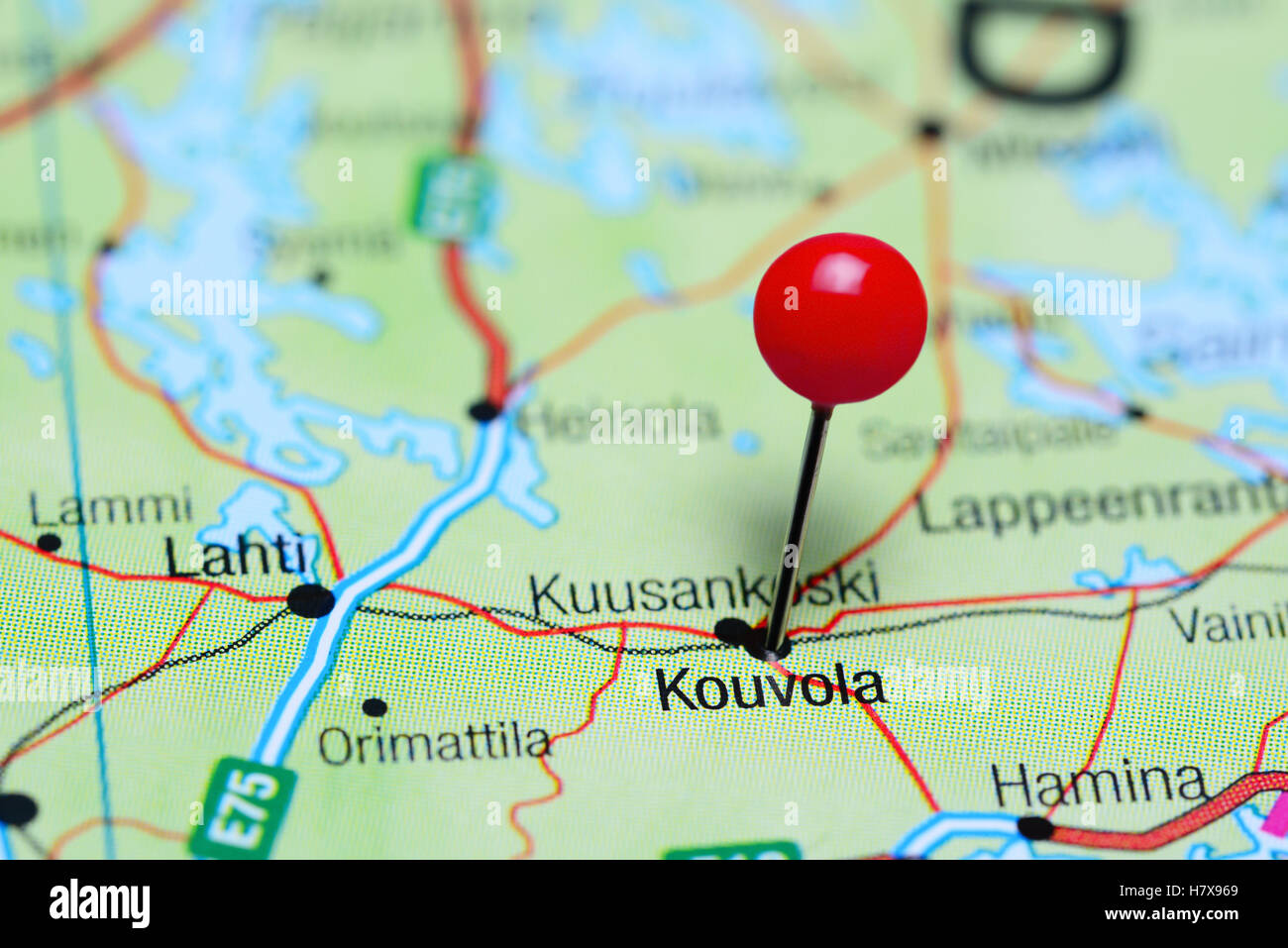 Kouvola pinned on a map of Finland Stock Photo