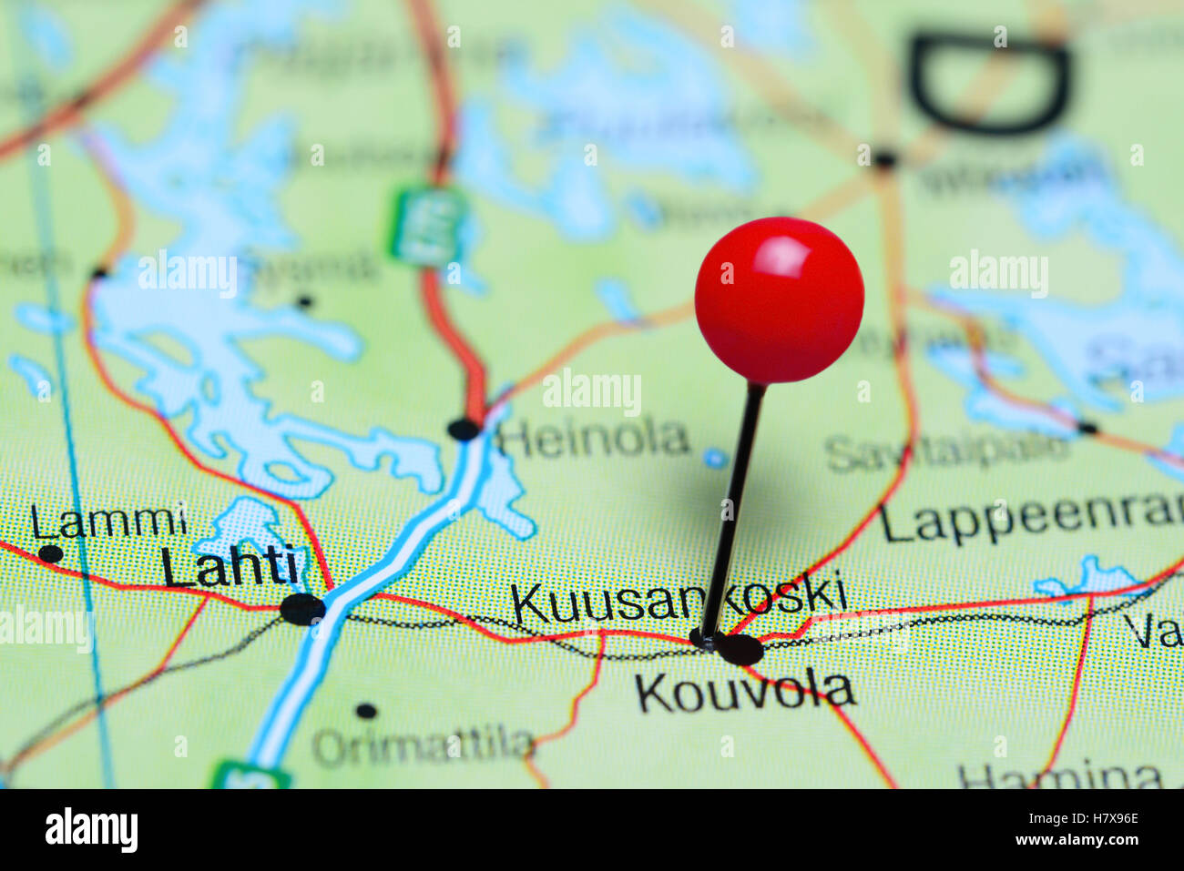Kuusankoski pinned on a map of Finland Stock Photo