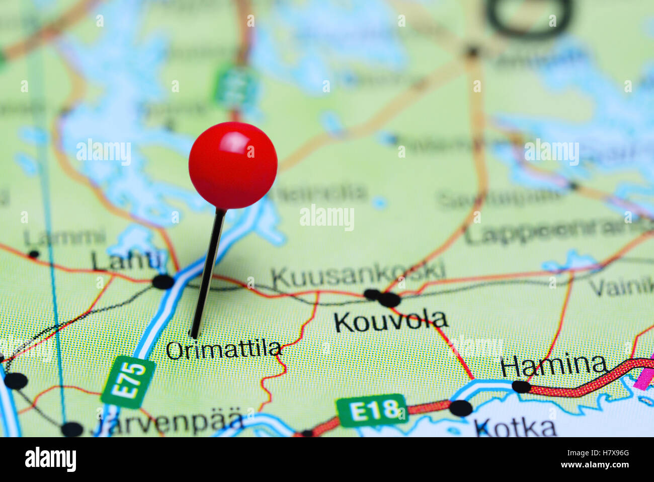 Orimattila pinned on a map of Finland Stock Photo
