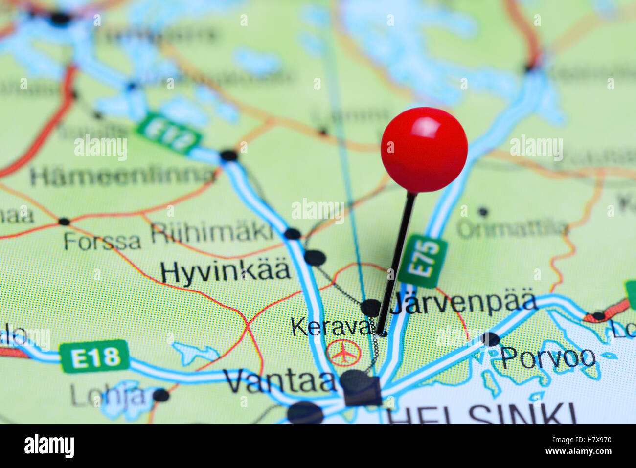 Kerava pinned on a map of Finland Stock Photo