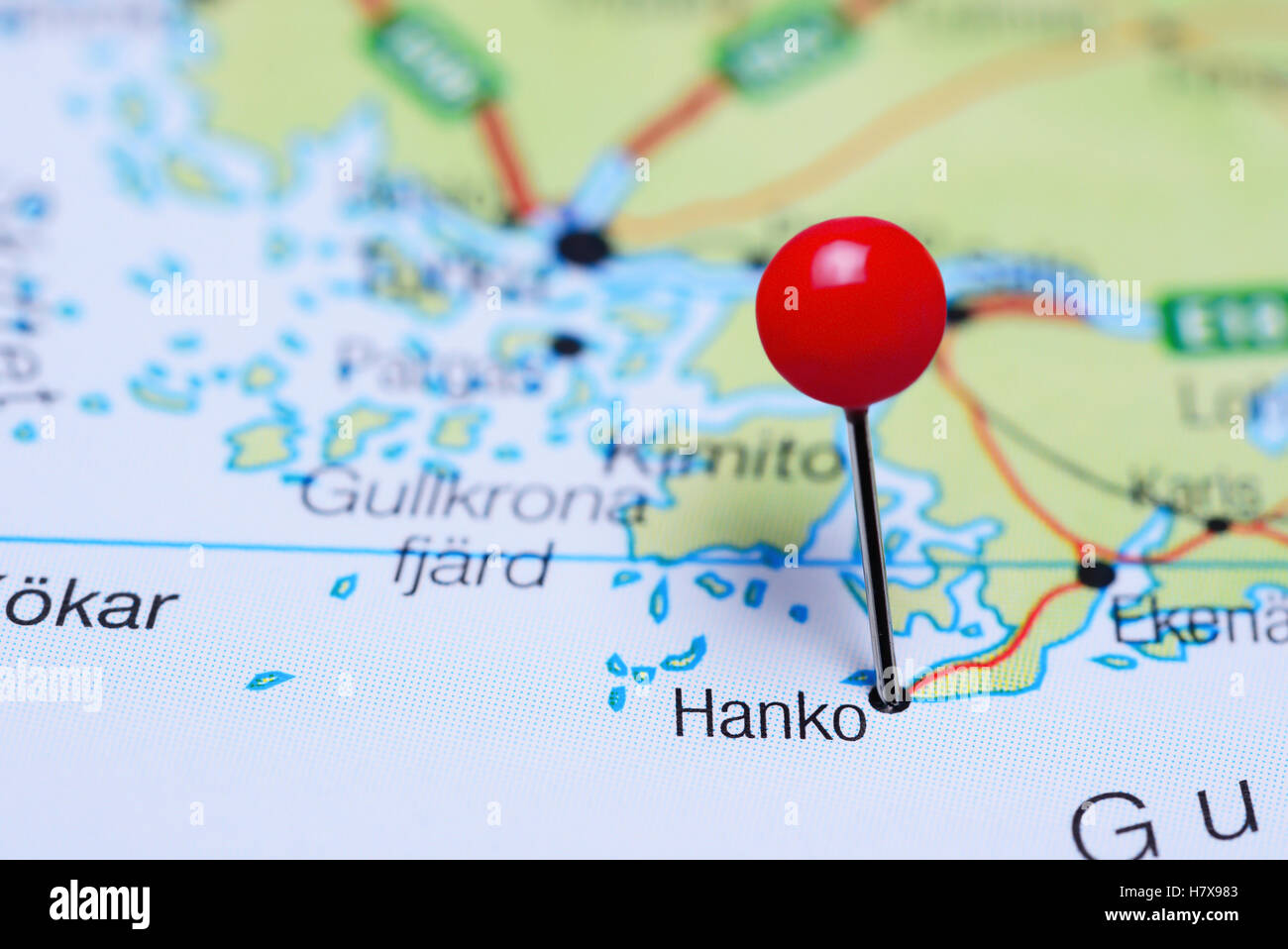 Hanko pinned on a map of Finland Stock Photo