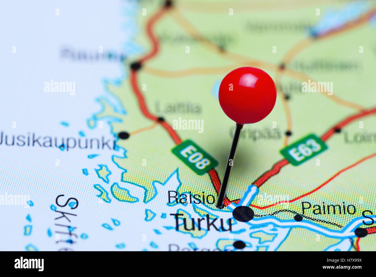 Raisio pinned on a map of Finland Stock Photo