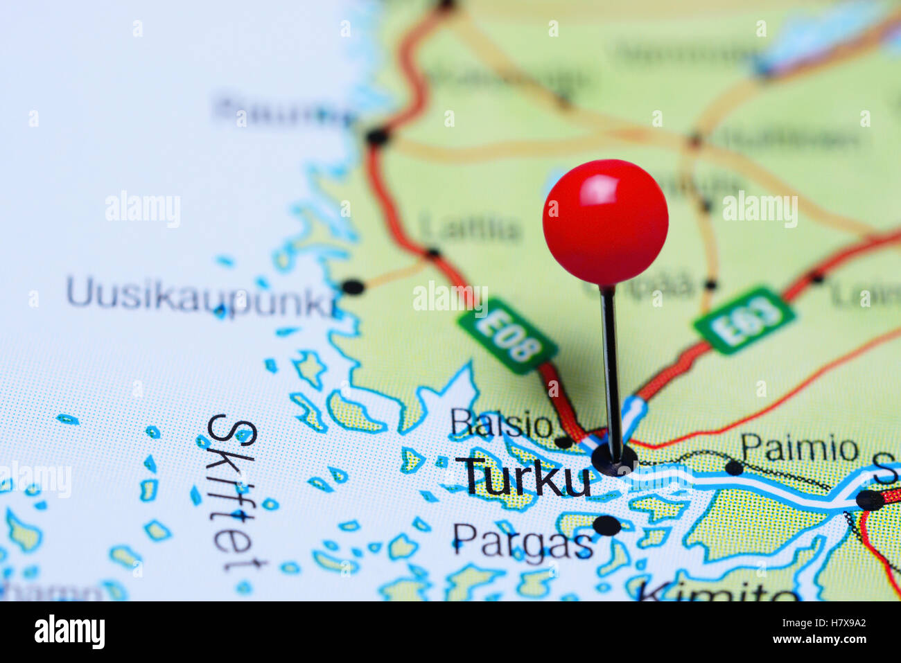 Turku pinned on a map of Finland Stock Photo