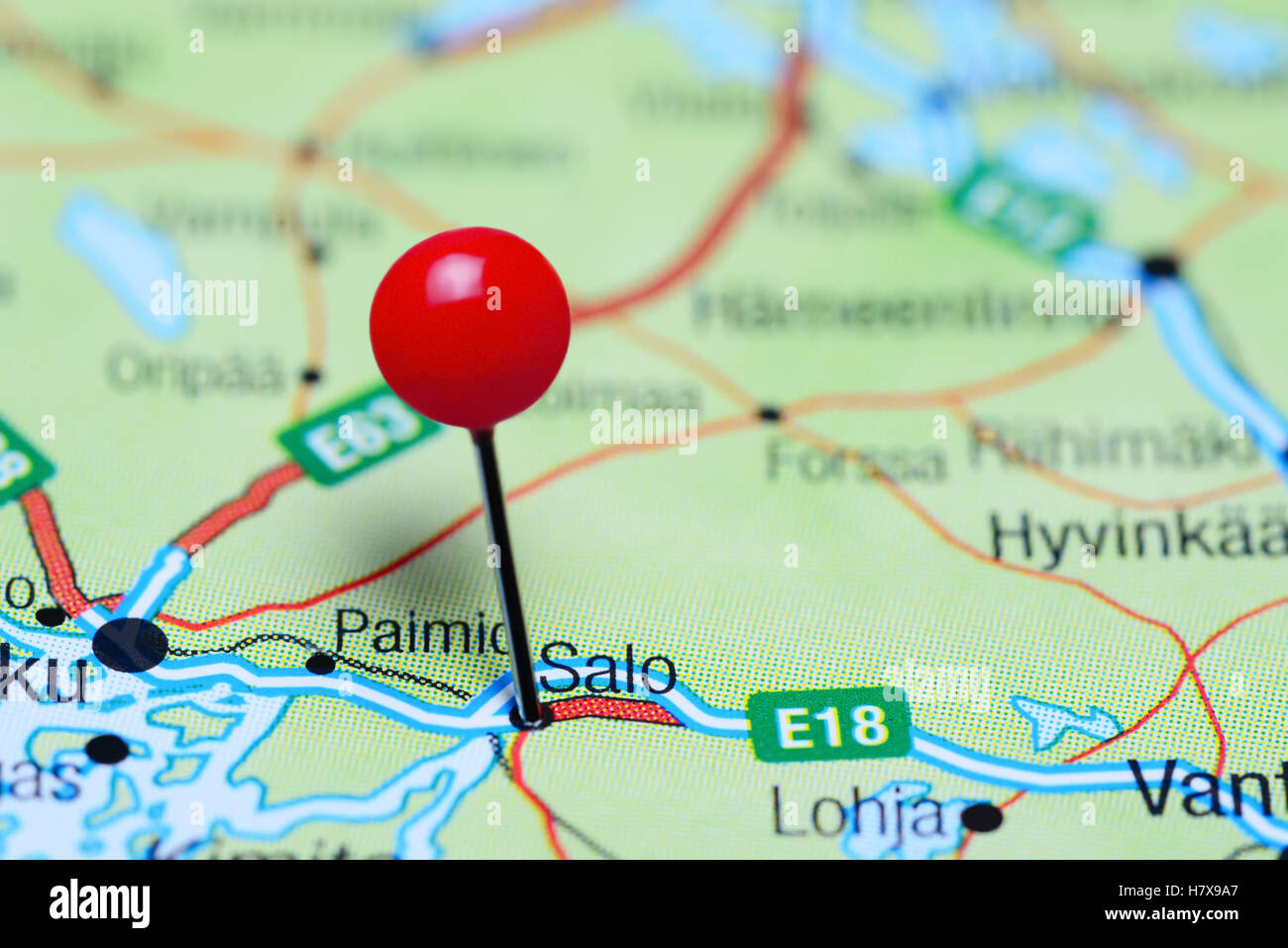 Salo pinned on a map of Finland Stock Photo