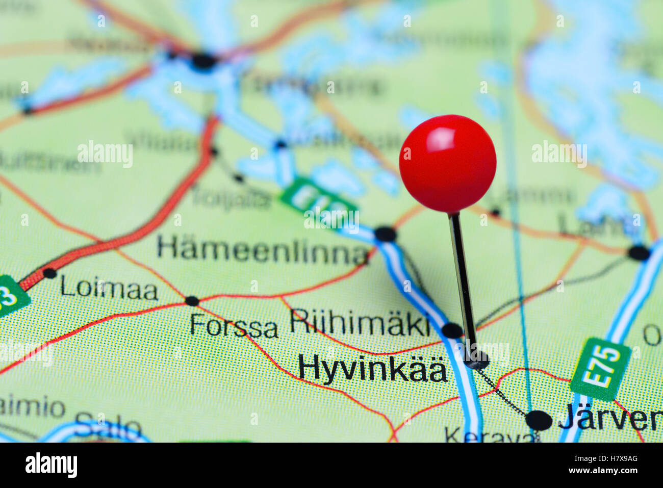 Hyvinkaa pinned on a map of Finland Stock Photo