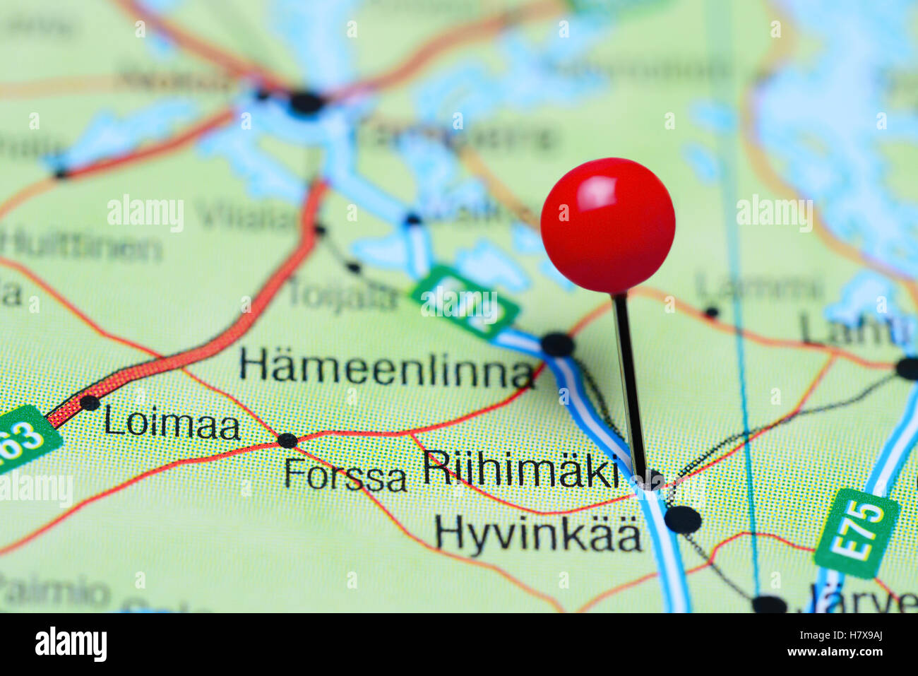 Riihimaki pinned on a map of Finland Stock Photo