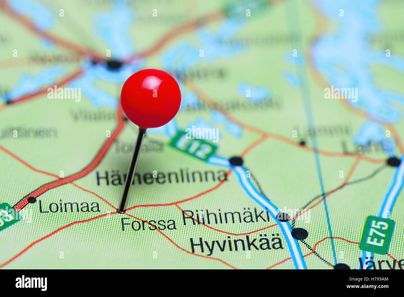 Forssa pinned on a map of Finland Stock Photo